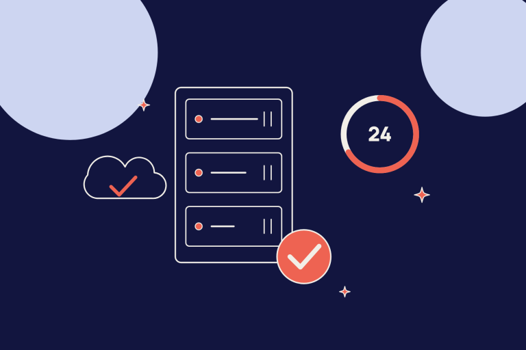 Managed WordPress-Hosting: Server-Rack mit Haken-Siegel, 24-Stunden-Uhr und Backup-Wolke