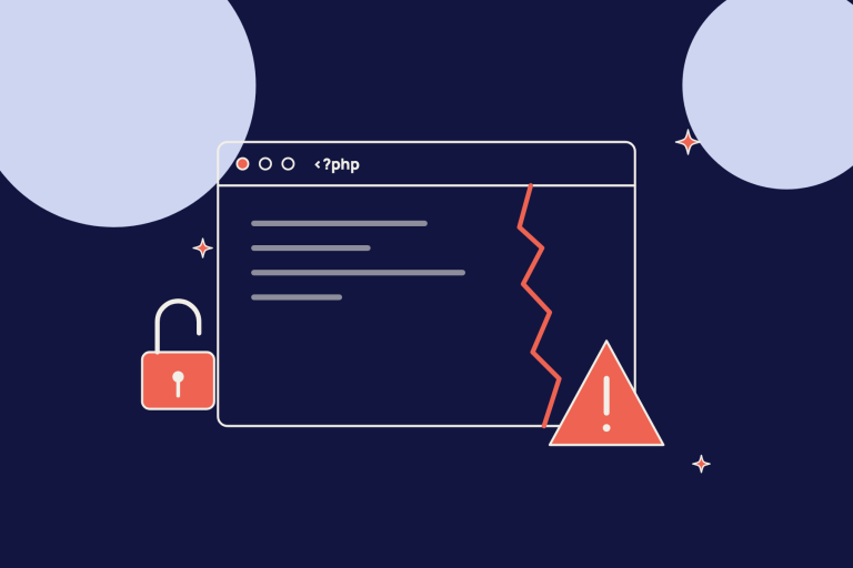 PHP2Shell: Browserfenster mit Riss im PHP-Code, Warnzeichen und offenem Schloss